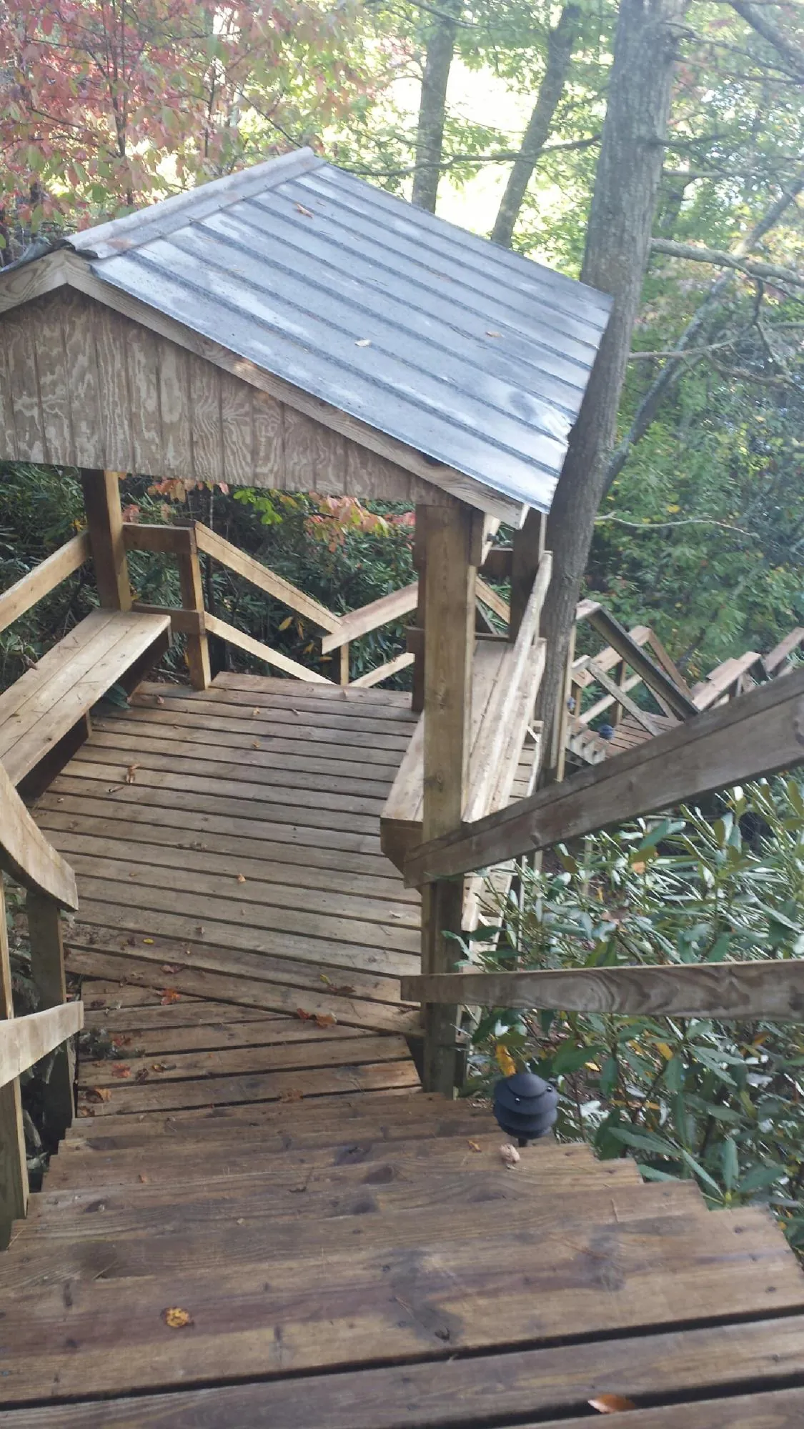 Metal roofed shelter over wooden steps on a wooded walkway — Skylight Repair & Installation work by our crew in Taylorstown